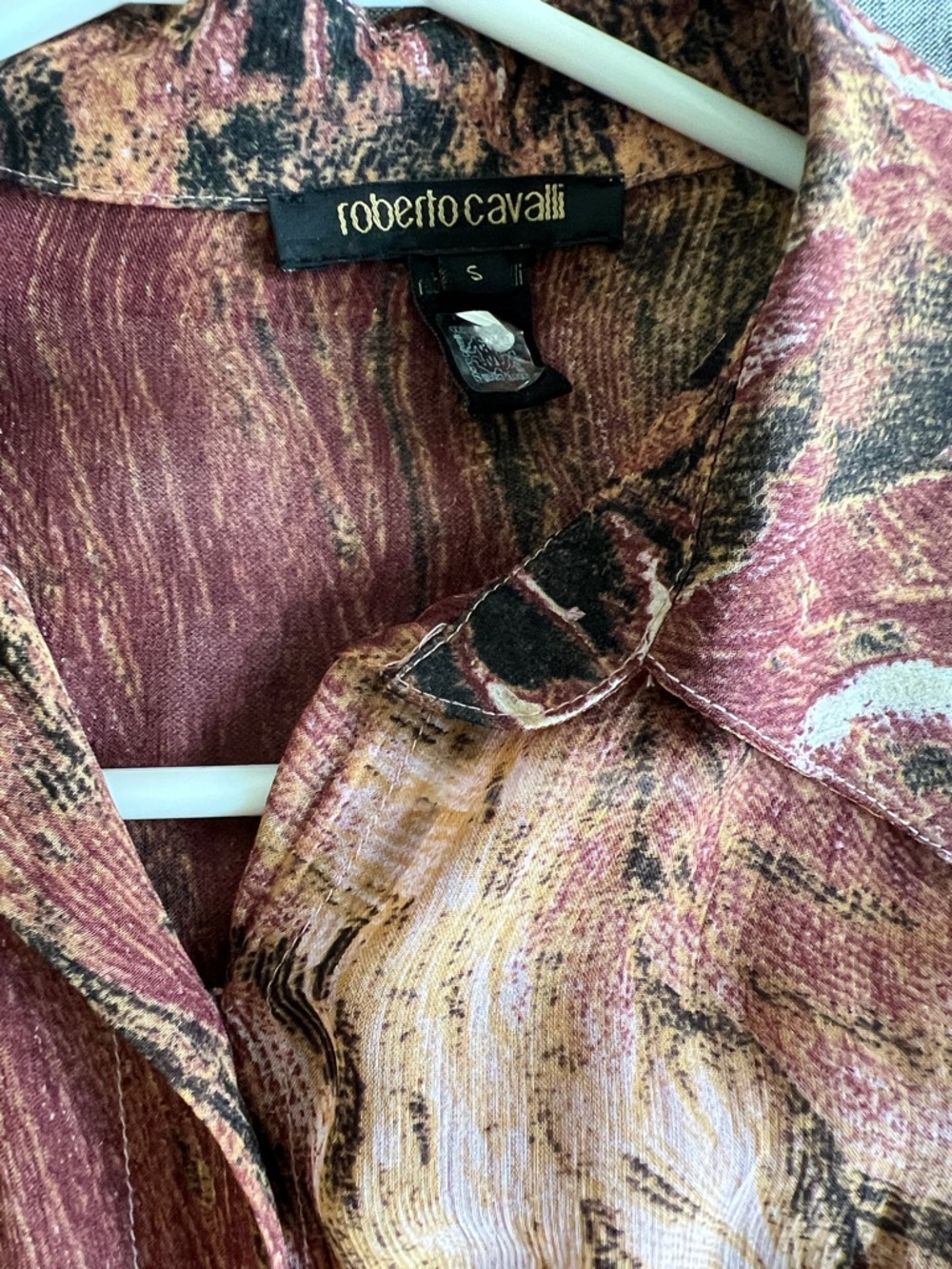 Roberto Cavalli Maroon, Tan and Black Abstract Print Button-Up